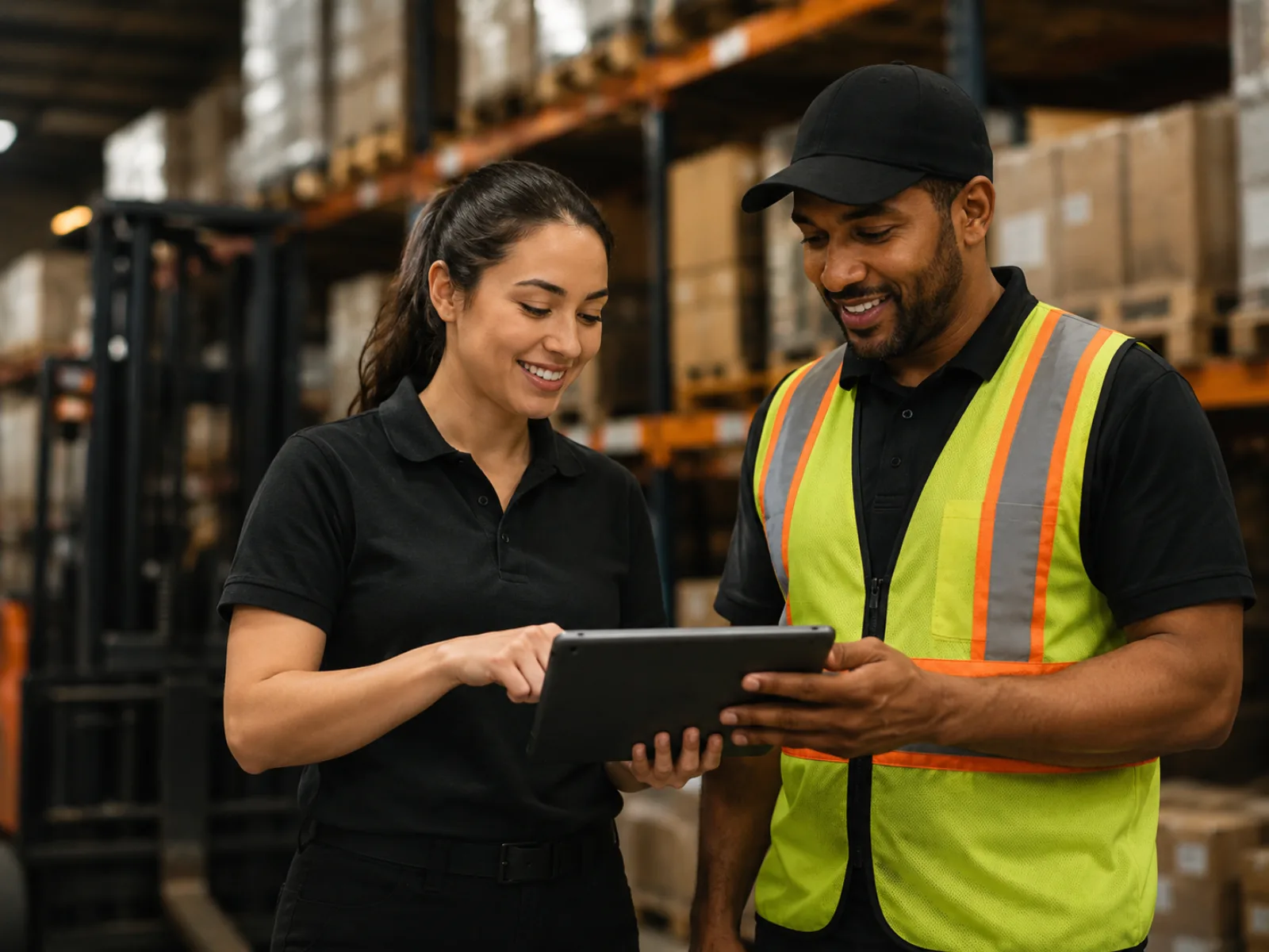 Two staffing professionals reviewing work details on a tablet